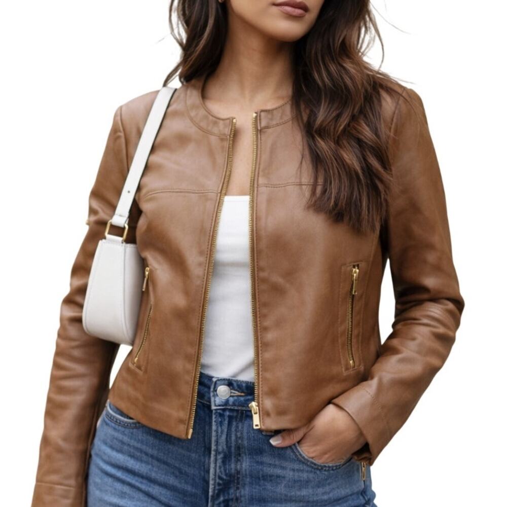 Women's Large Tan Moto Leather Jacket by Via Spiga Gold Zip